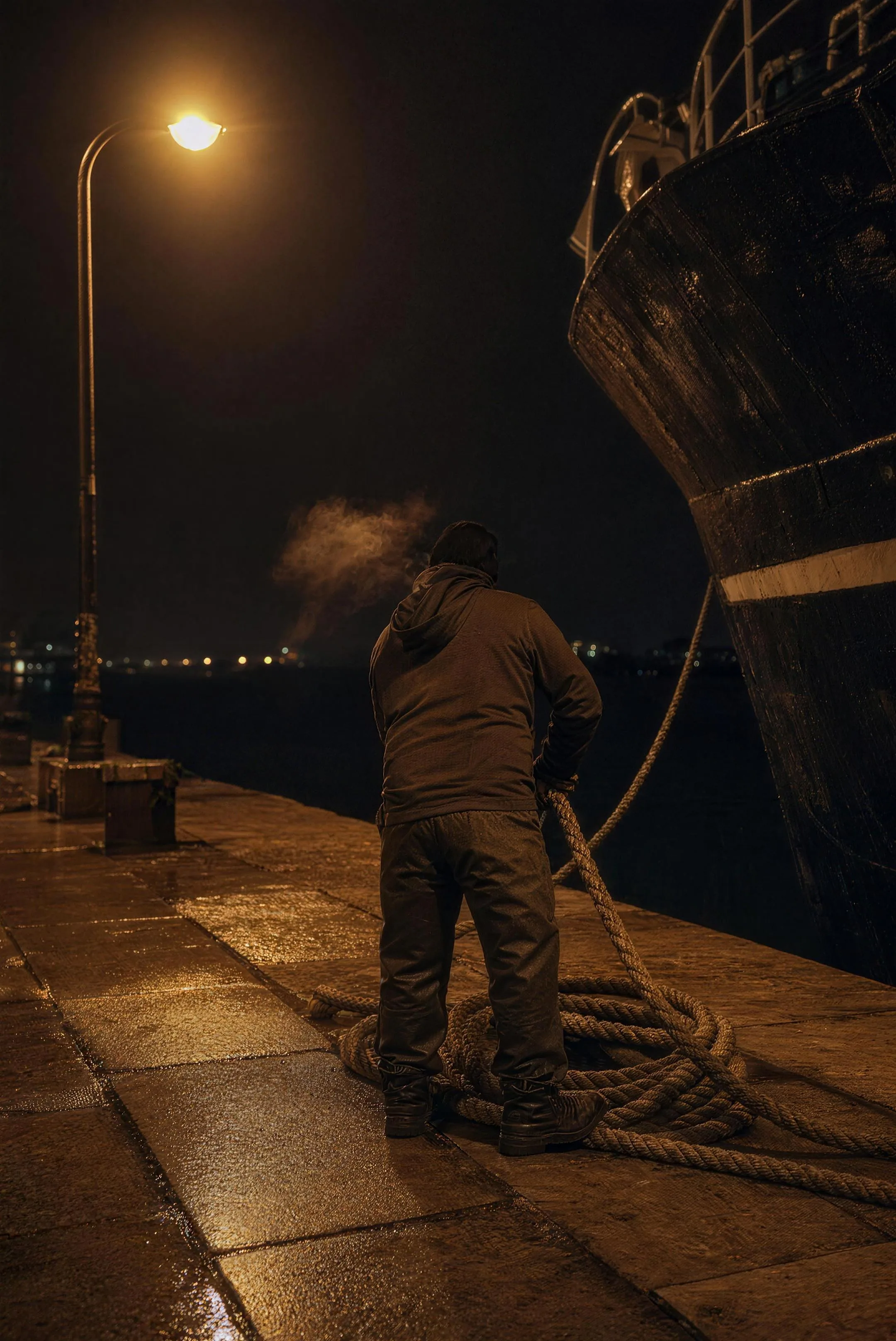 A dockworker coiling rope on the wet quay under a single sodium lamp at night, his breath in the cold air, the dark bow of a trawler filling the right of the frame